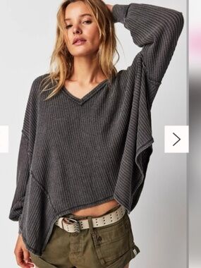 We The Free Coraline Thermal Long Sleeves Waffle Knit Top Black Gray Size Small